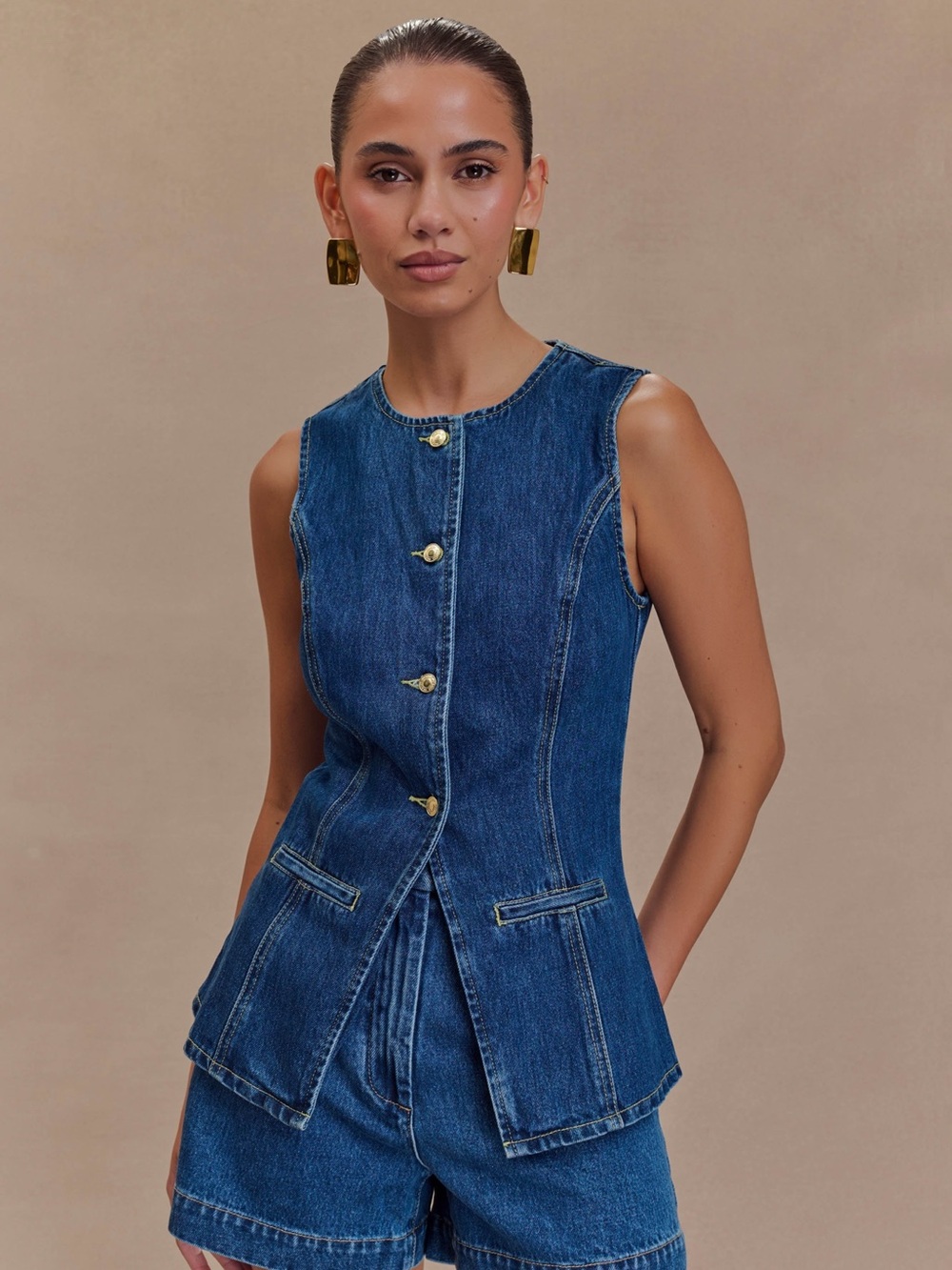 Blue Denim Button Up Vest Top